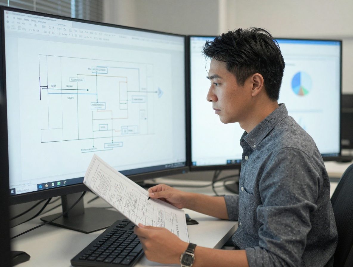 Persona concentrada revisando diagramas de arquitectura de información en pantalla grande en oficina con luz natural desde ventana lateral
