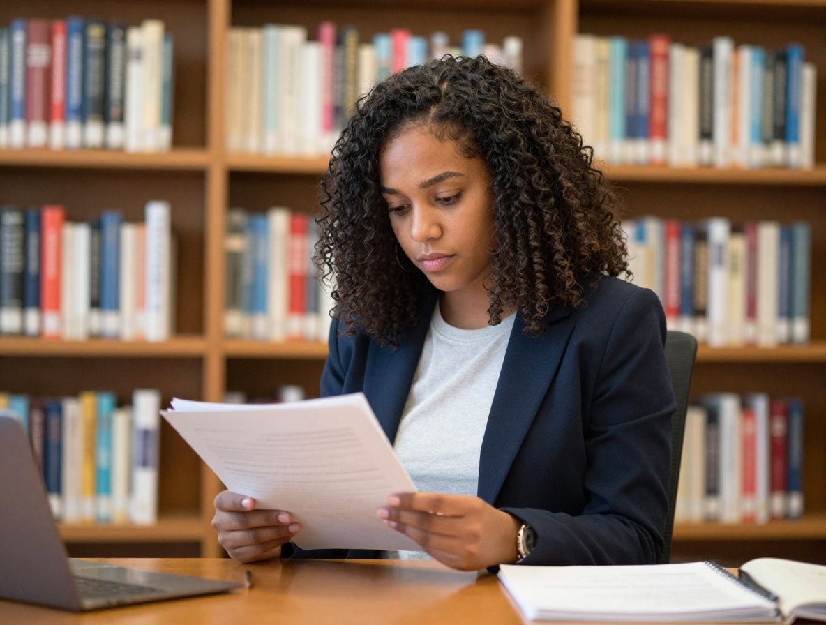 Investigadora joven de cabello oscuro leyendo documento impreso en biblioteca con estanterías llenas de libros académicos al fondo